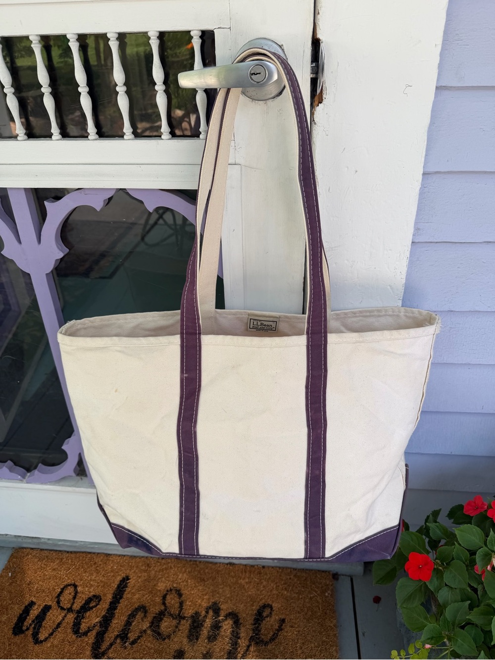 L.L. Bean Cream Canvas Tote with Eggplant/Navy blue Trim and Handles